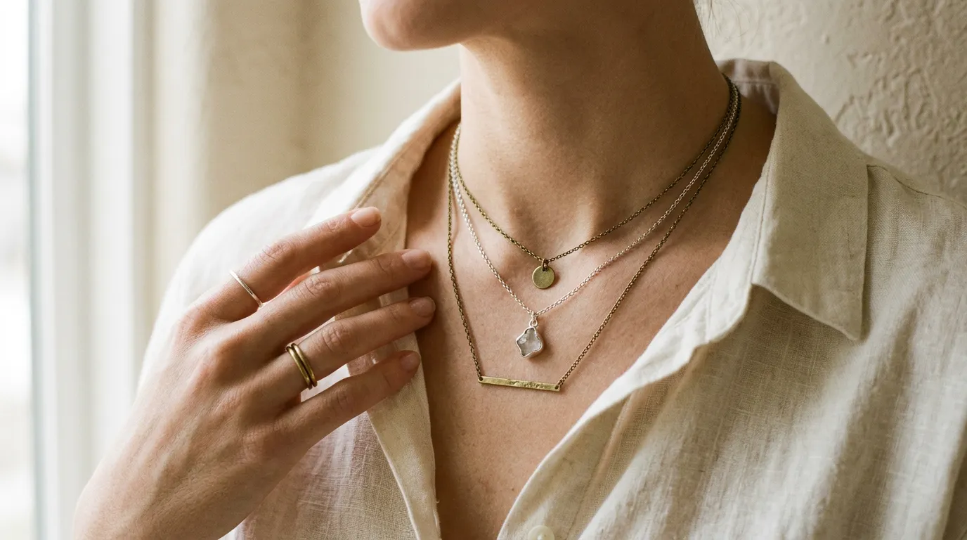 Model's neckline and hands wearing layered aged-brass and silver necklaces in warm window light